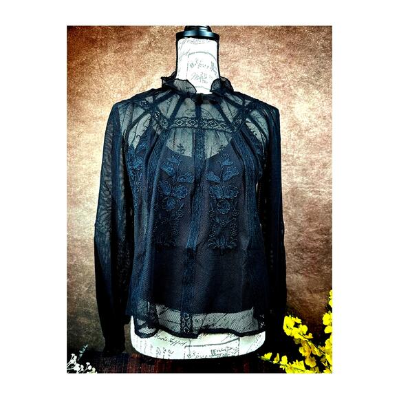 St Roche Lace Embroidered Ruffle Neck Flores Top Black Multiple Sizes - Picture 1 of 11